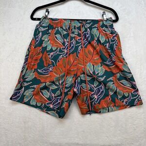 Cove Tropical Palm Leaf Swim Trunks Mens Medium Green Orange Board Shorts